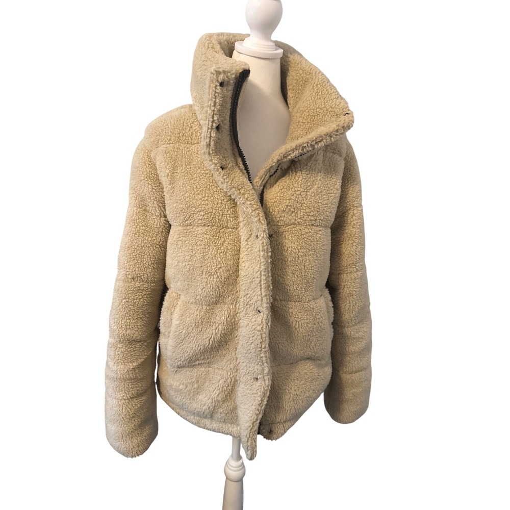 S13 Sherpa Puffer Jacket Cream Beige Fleece Full Zip Funnel Neck medium